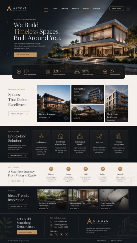 Architecture studio website with a dark editorial design and gold accents