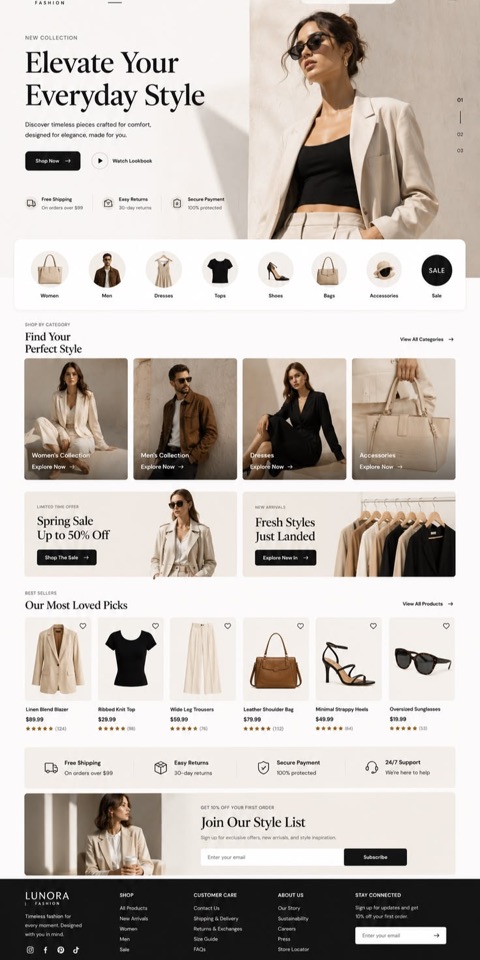 Fashion boutique website with a light, editorial e-commerce design