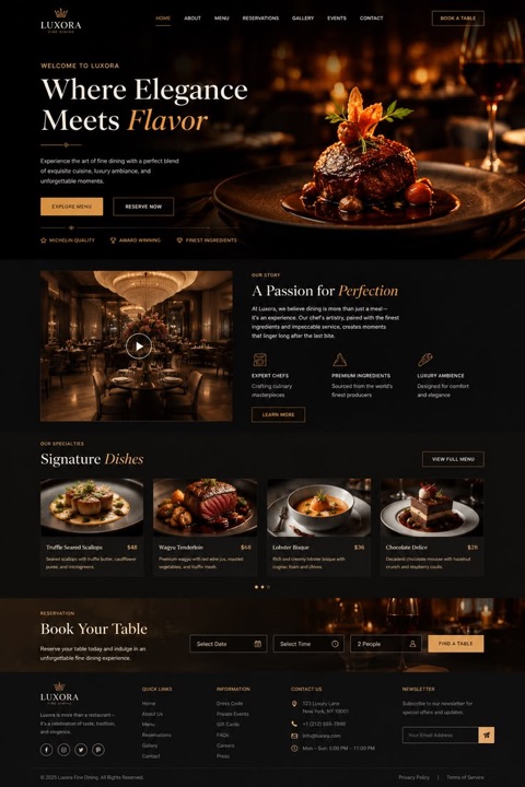 Fine-dining restaurant website with a dark, moody design