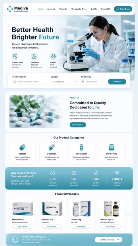 Pharmaceutical company website with a clean clinical design
