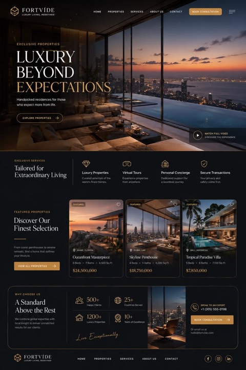 Luxury real-estate website with a dark cinematic design